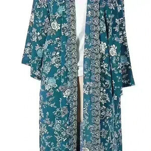 NWT J. Jill Teal Kimono - One Size, Floral Print, Lightweight, Polyester Blend